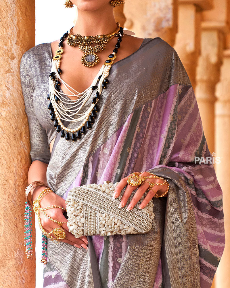 Lavender Striped Pattern and Grey Silver Border Silk Saree with Unstitched Blouse