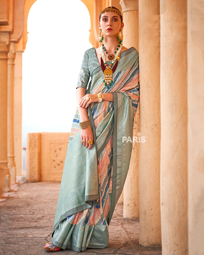 Multicolor Pastel Shades Foil Print Work Silk Saree with Unstitched Blouse