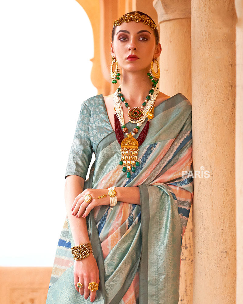 Multicolor Pastel Shades Foil Print Work Silk Saree with Unstitched Blouse