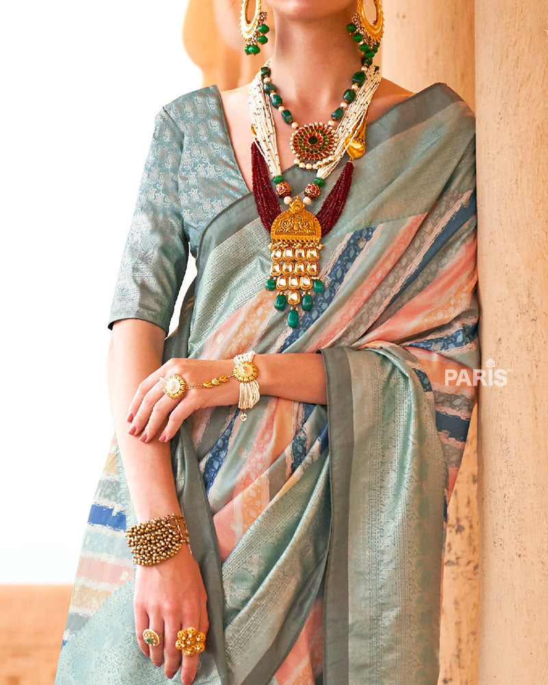 Multicolor Pastel Shades Foil Print Work Silk Saree with Unstitched Blouse