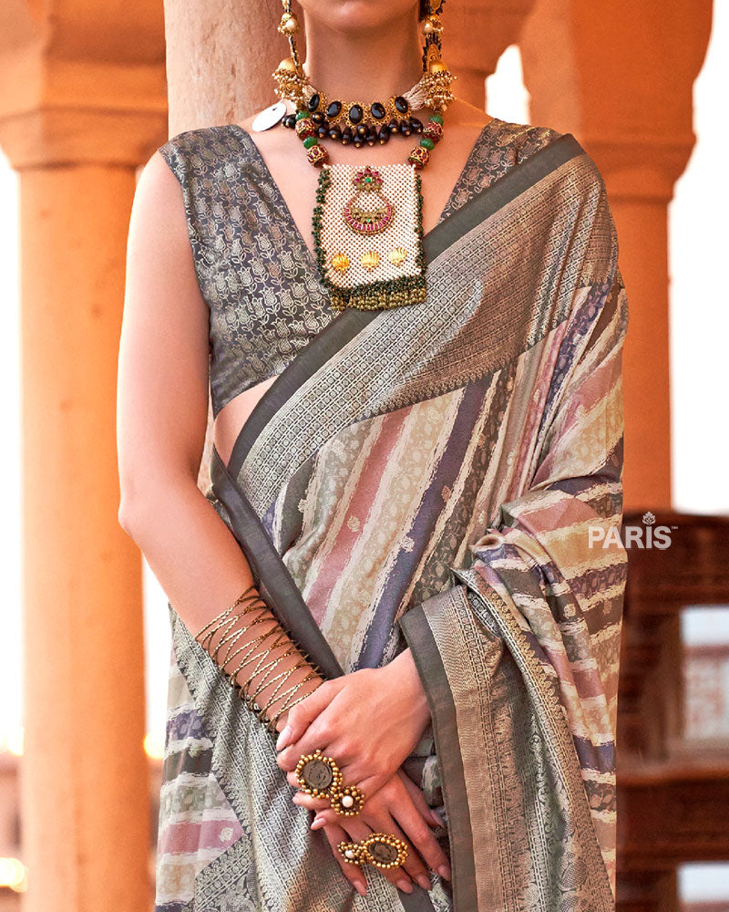 Multicolor Foil Print Work Silk Saree with Unstitched Blouse