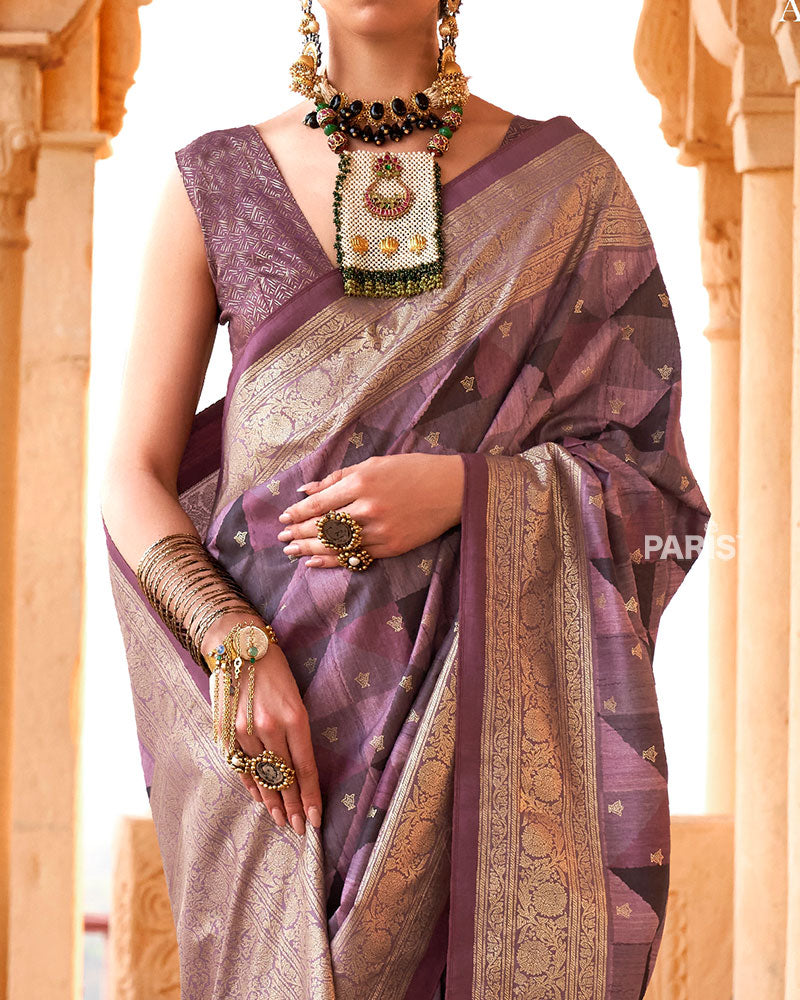 Purple Multicolor Zari Embellished Silk Saree with Unstitched Blouse