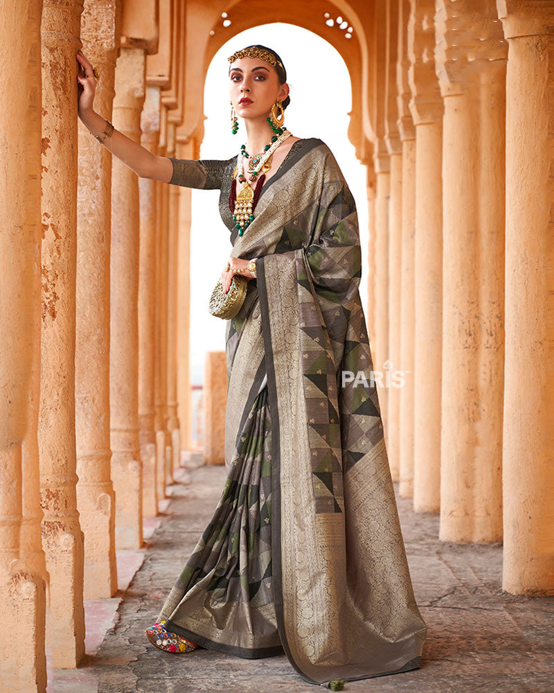 Green Multicolor Zari Embellished Silk Saree with Unstitched Blouse