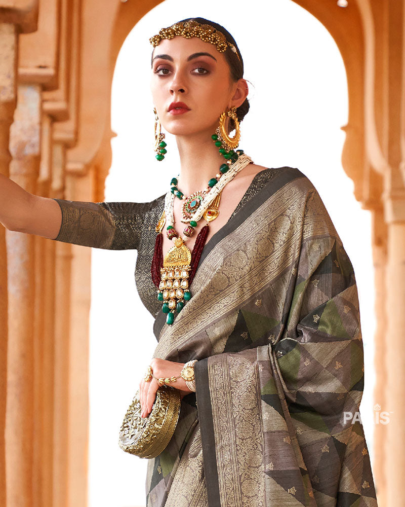 Green Multicolor Zari Embellished Silk Saree with Unstitched Blouse