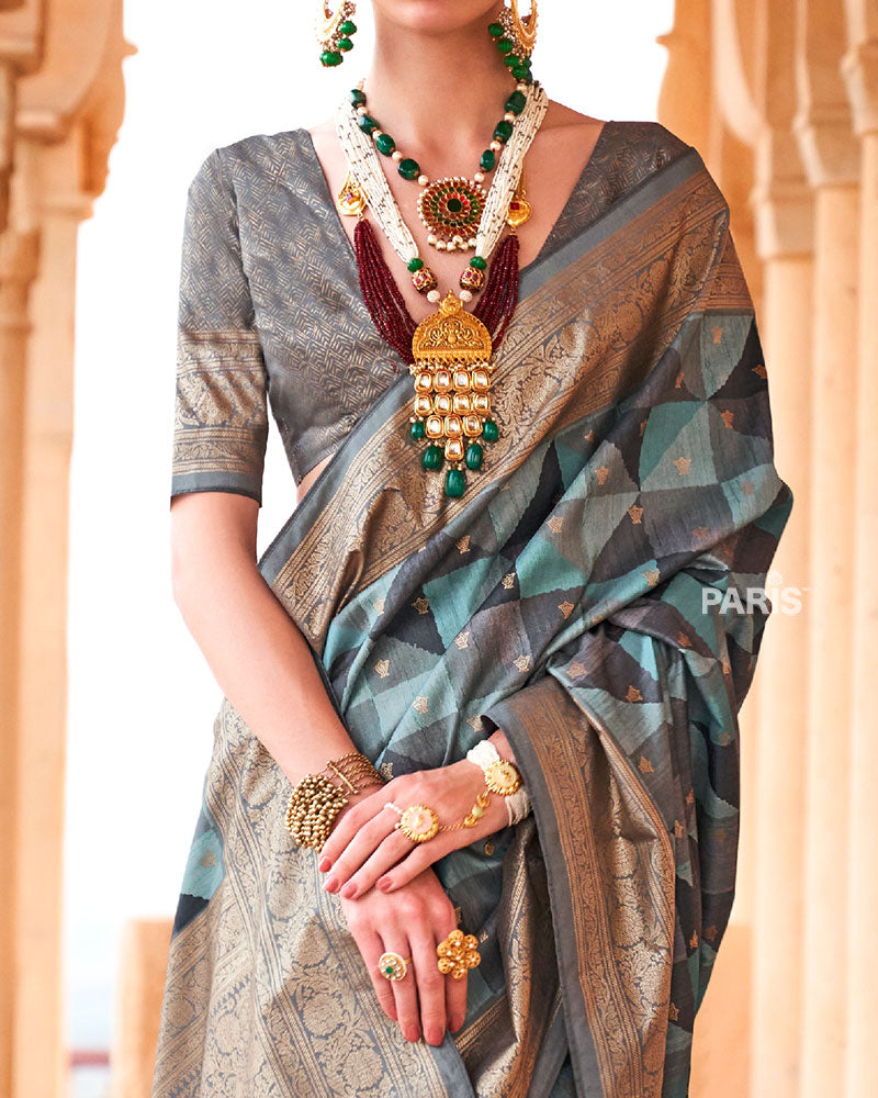 Blue Multicolor Zari Embellished Silk Saree with Unstitched Blouse