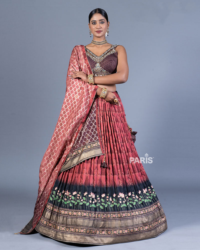 Reddish Maroon Printed Lehenga Choli with Rose Dupatta 01