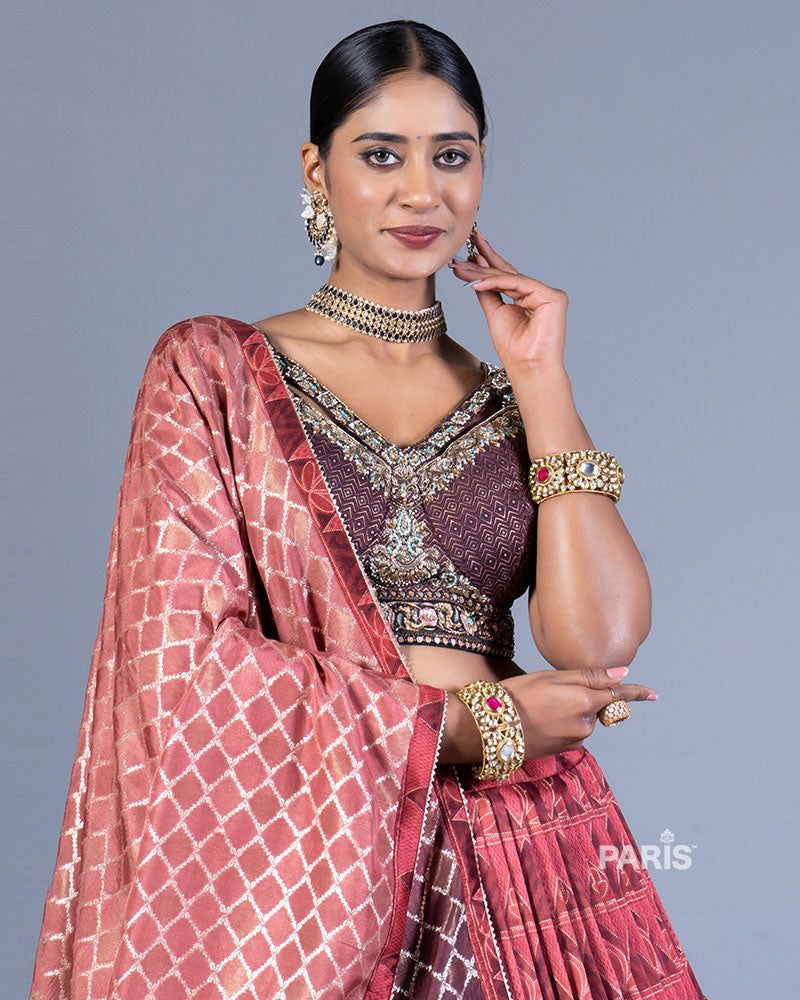 Reddish Maroon Printed Lehenga Choli with Rose Dupatta 02