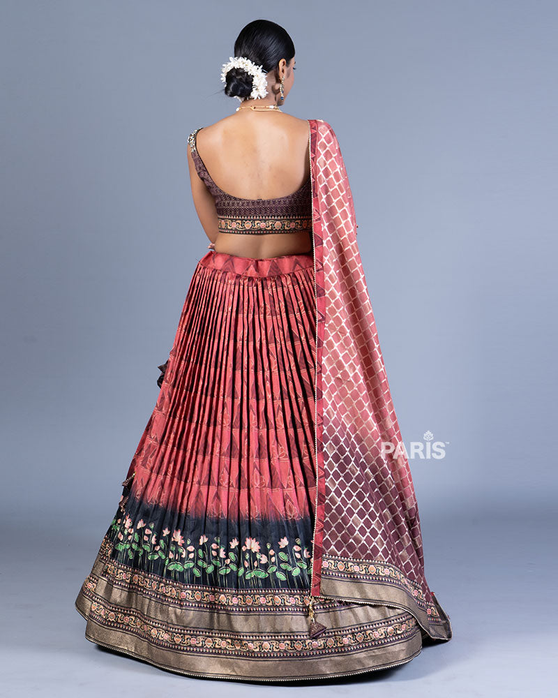 Reddish Maroon Printed Lehenga Choli with Rose Dupatta 03