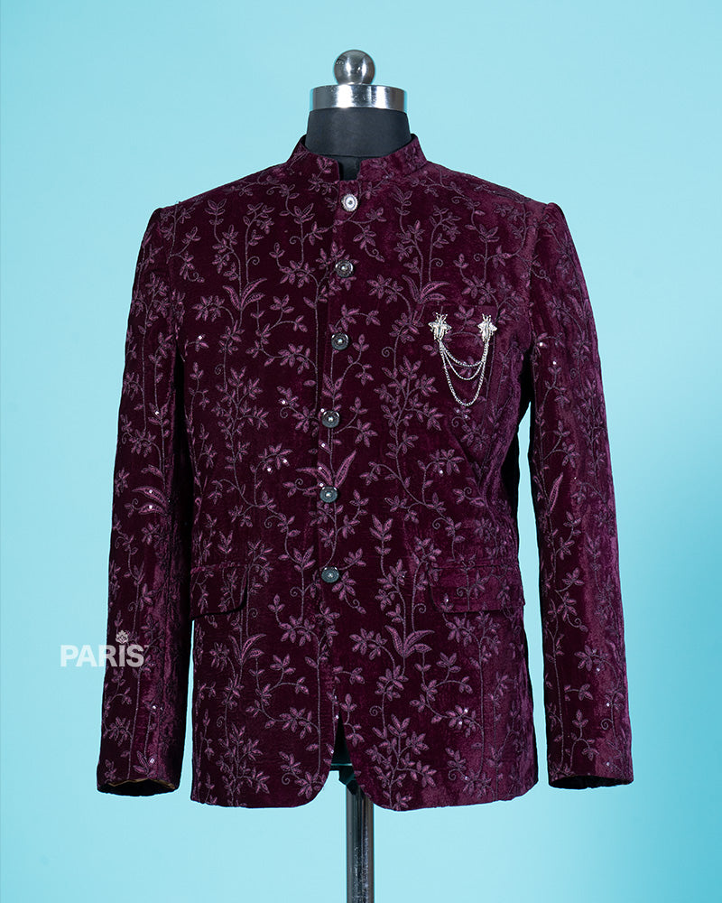 Regal Maroon Velvet Embroidered Kurta Jacket Set with Trousers 01