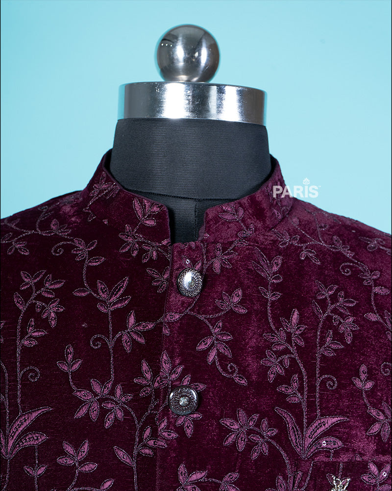 Regal Maroon Velvet Embroidered Kurta Jacket Set with Trousers 02