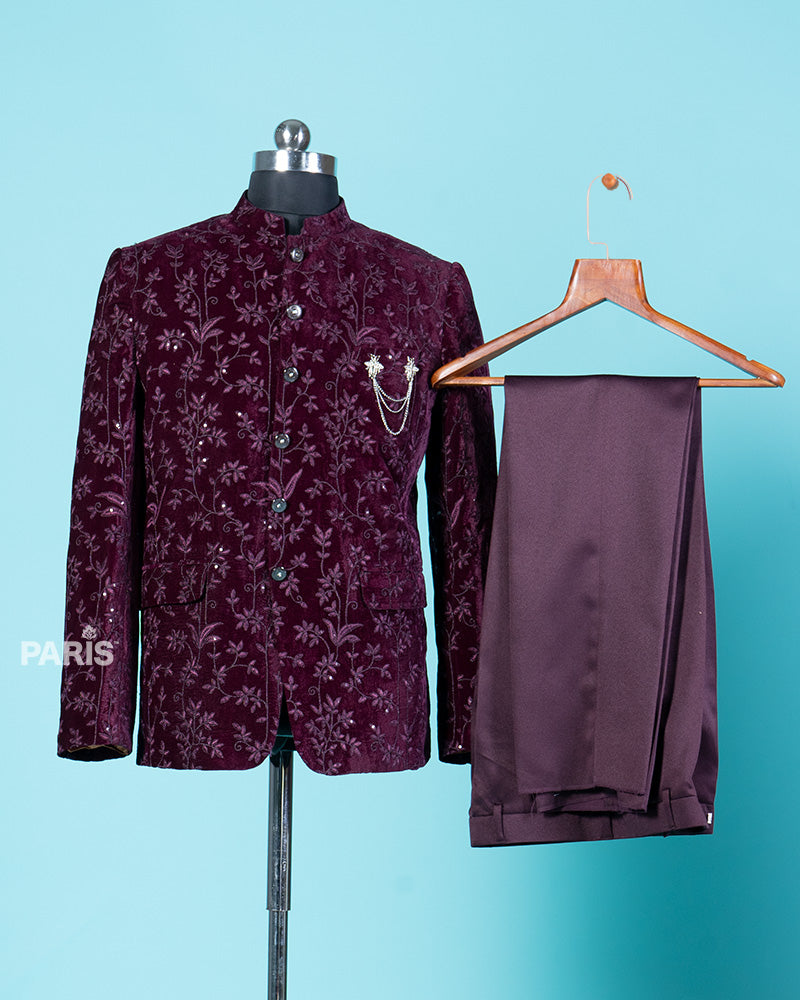 Regal Maroon Velvet Embroidered Kurta Jacket Set with Trousers 03