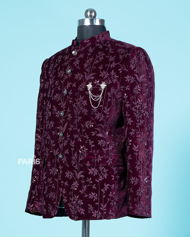 Regal Maroon Velvet Embroidered Kurta Jacket Set with Trousers 04