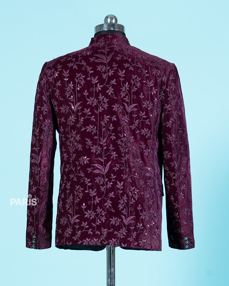 Regal Maroon Velvet Embroidered Kurta Jacket Set with Trousers 06