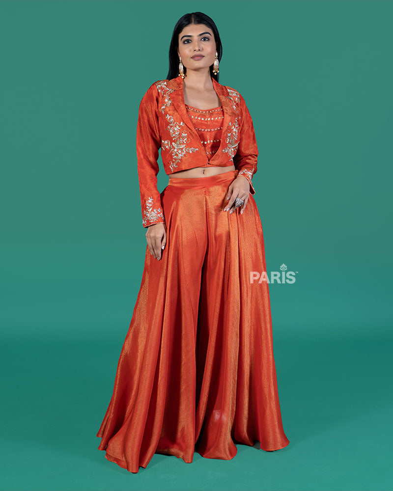 Rust Embroidered Jacket & Palazzo Co-Ord Set 01