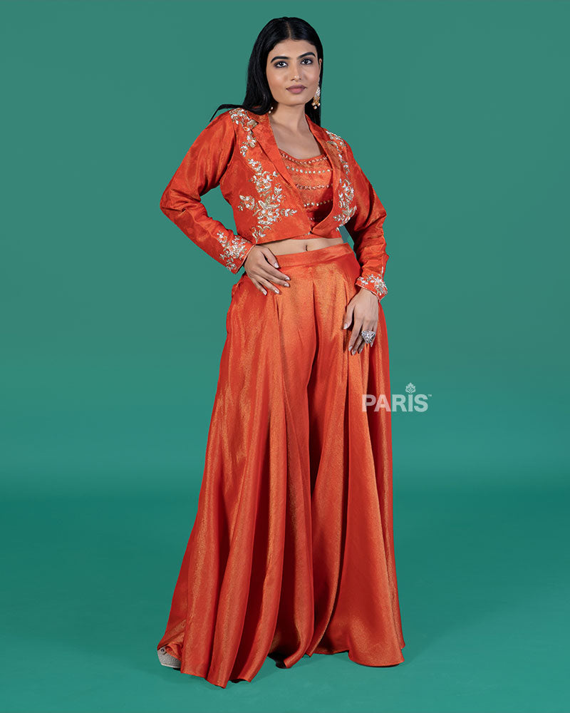 Rust Embroidered Jacket & Palazzo Co-Ord Set 05