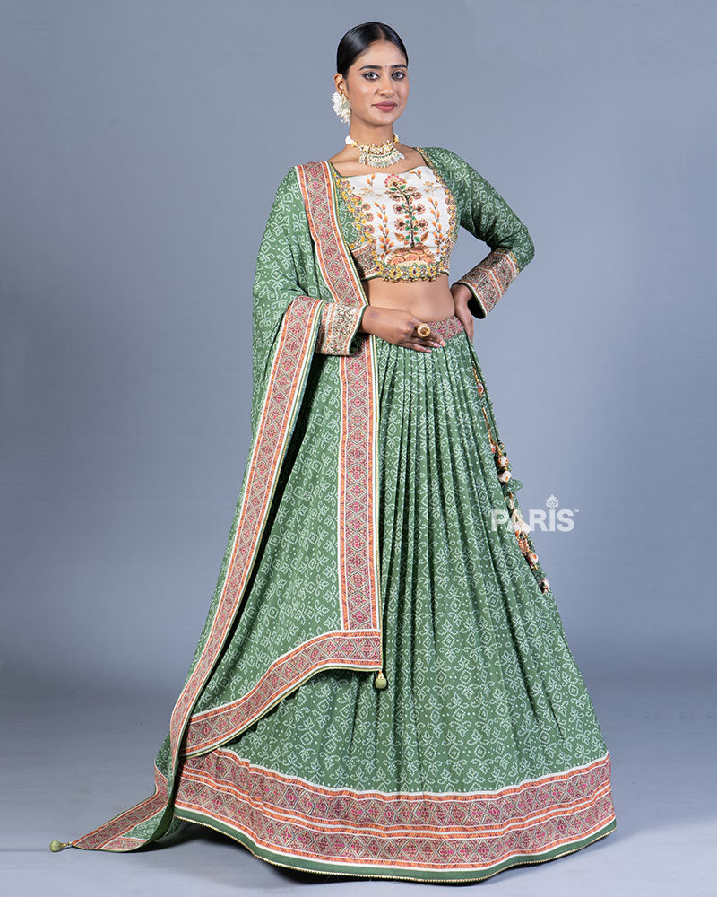 Sage Green Pleated Lehenga with Embroidered Choli and Dupatta 01