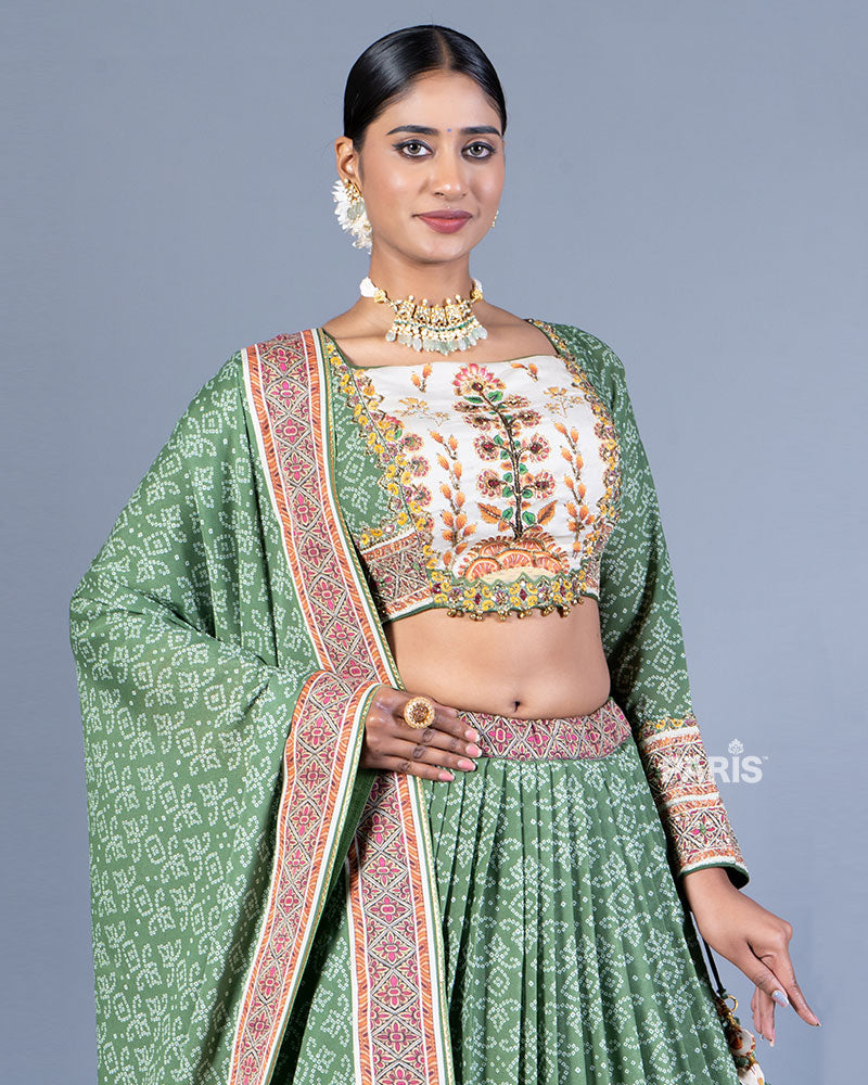 Sage Green Pleated Lehenga with Embroidered Choli and Dupatta 02