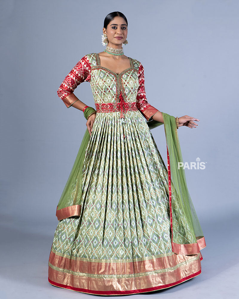 Sage Green Printed Gown with Golden-Red Detailing and Dupatta 01