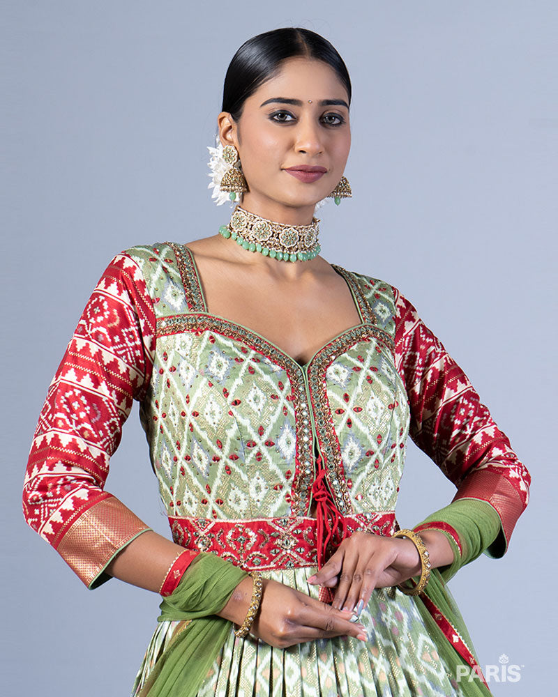 Sage Green Printed Gown with Golden-Red Detailing and Dupatta 02