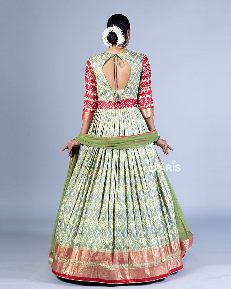 Sage Green Printed Gown with Golden-Red Detailing and Dupatta 03