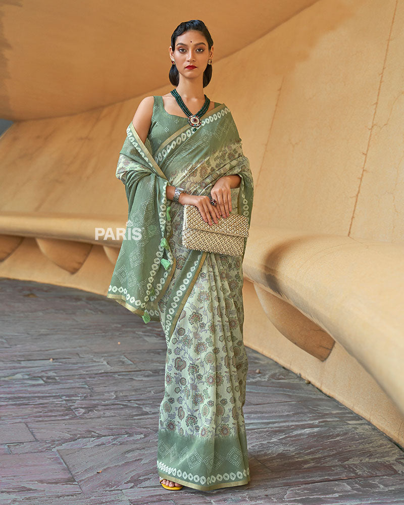 Light Green Floral Cotton Saree with Tassels