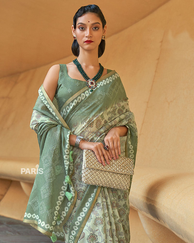 Light Green Floral Cotton Saree with Tassels