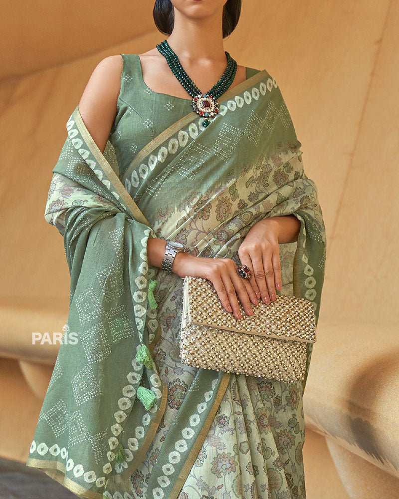 Light Green Floral Cotton Saree with Tassels