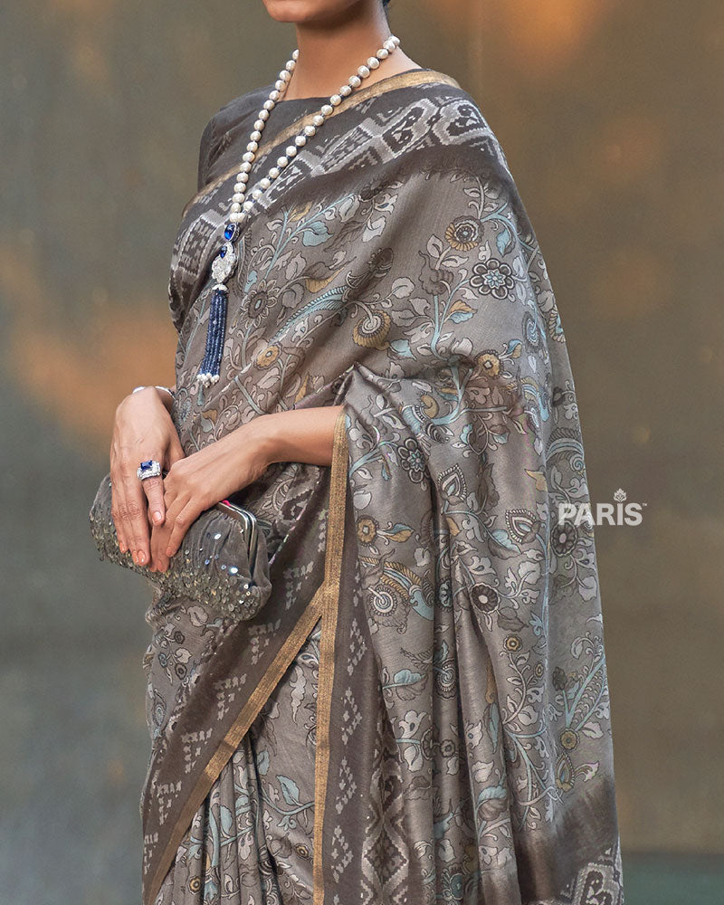 Grey & Taupe Floral Cotton Saree with Zari Accents