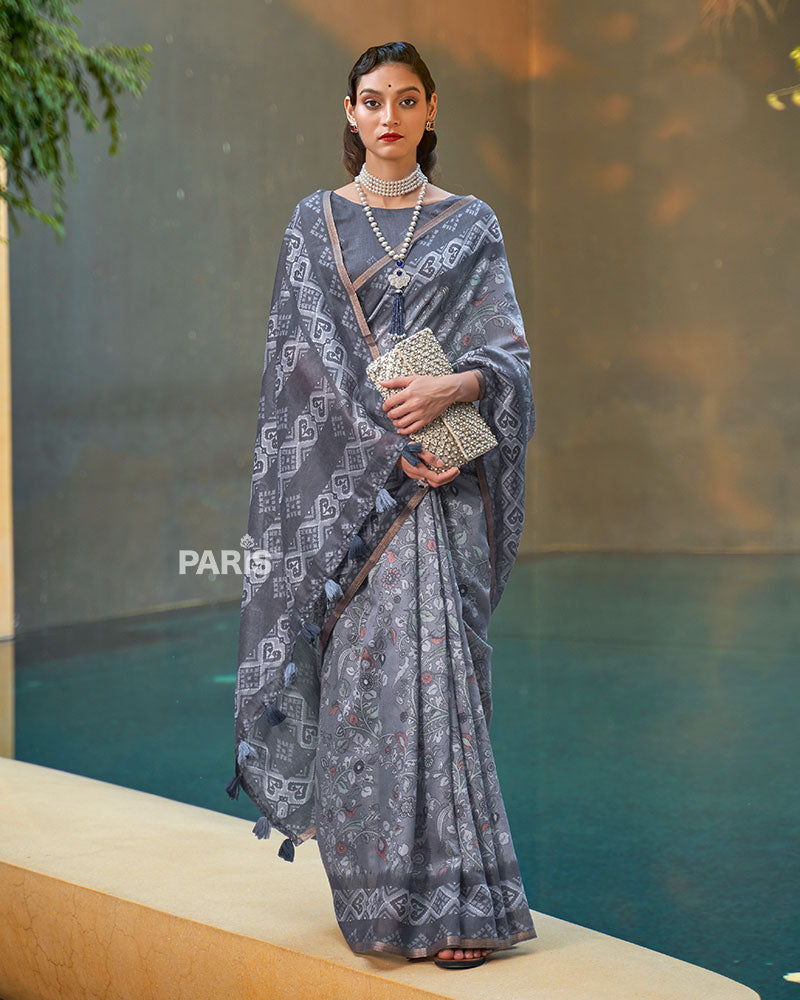 Grey & White Floral Cotton Saree with Zari & Tassels