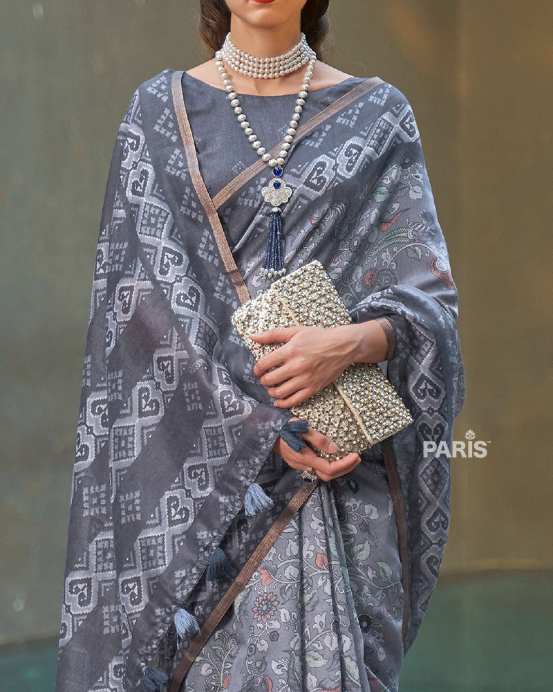Grey & White Floral Cotton Saree with Zari & Tassels
