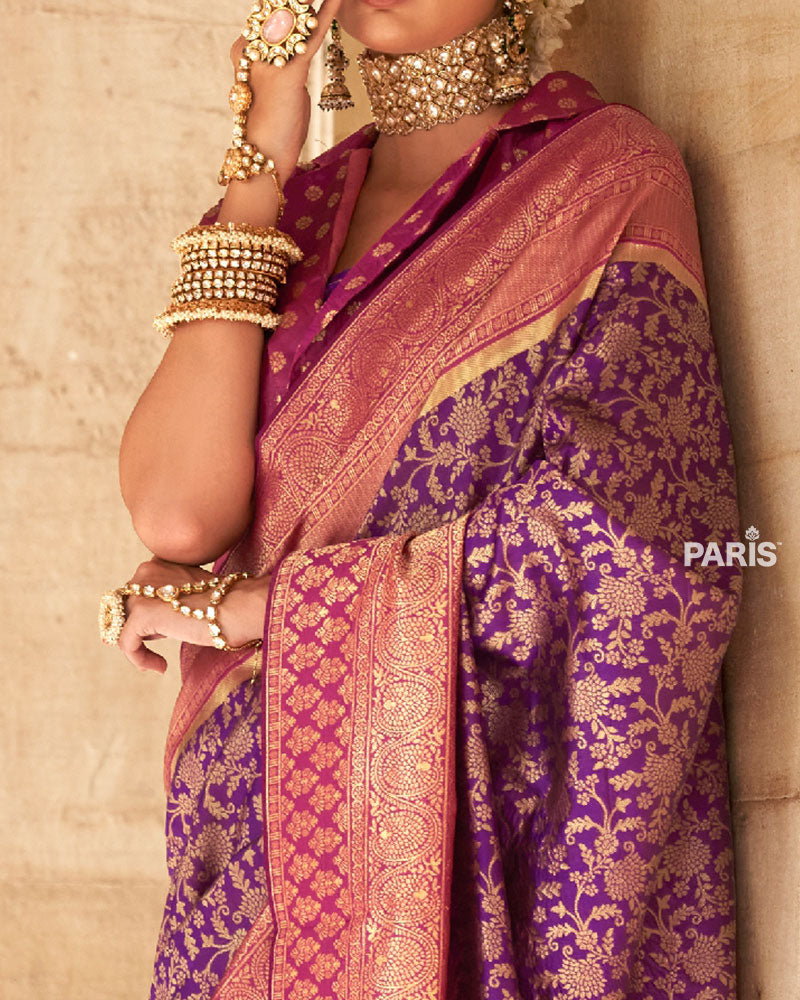 Purple Gold-Toned Ethnic Motifs Zari Silk Saree