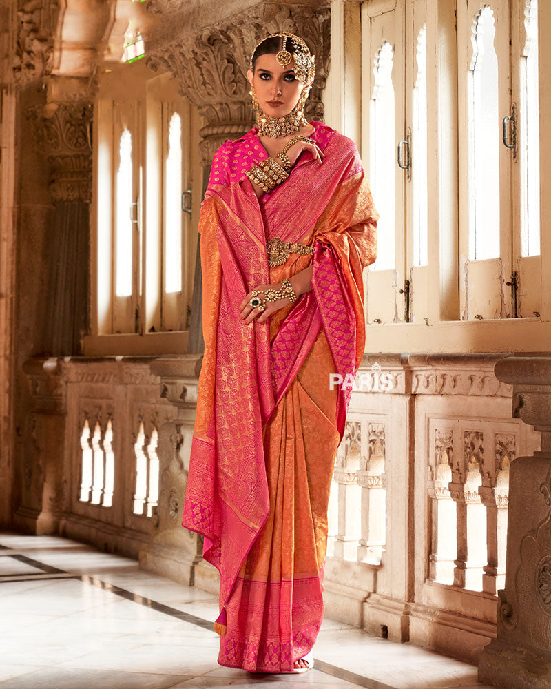 Orange and Pink Gold-Toned Ethnic Motifs Zari Silk Saree