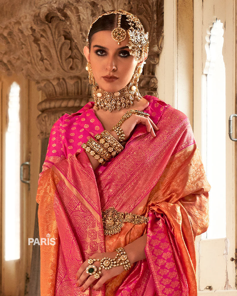Orange and Pink Gold-Toned Ethnic Motifs Zari Silk Saree