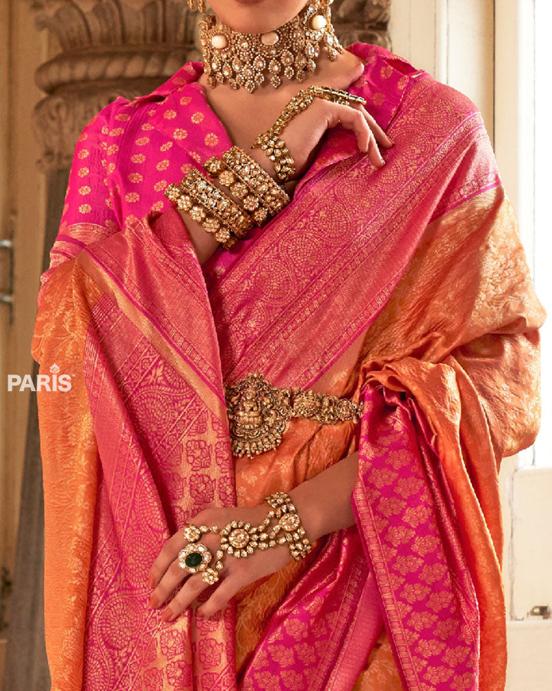 Orange and Pink Gold-Toned Ethnic Motifs Zari Silk Saree