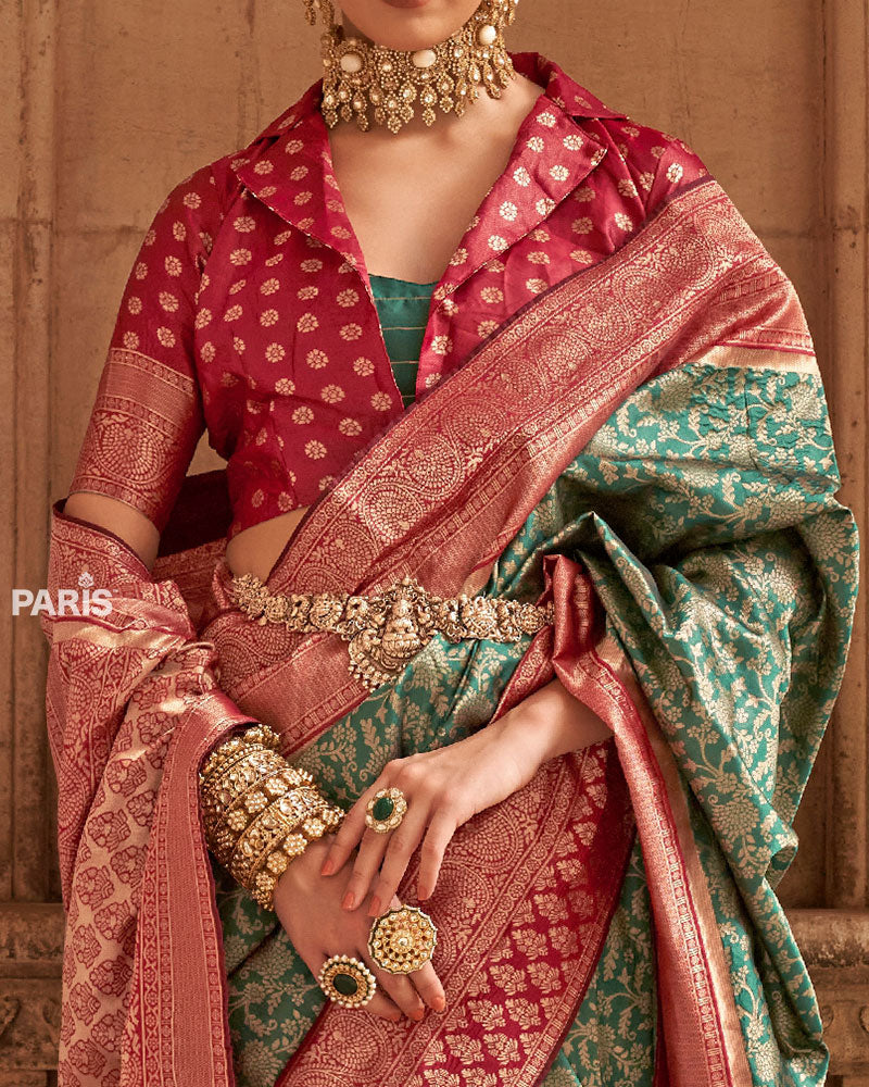 Green and Red Gold-Toned Ethnic Motifs Zari Silk Saree