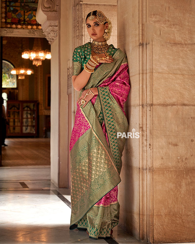 Pink and Green Gold-Toned Ethnic Motifs Zari Silk Saree