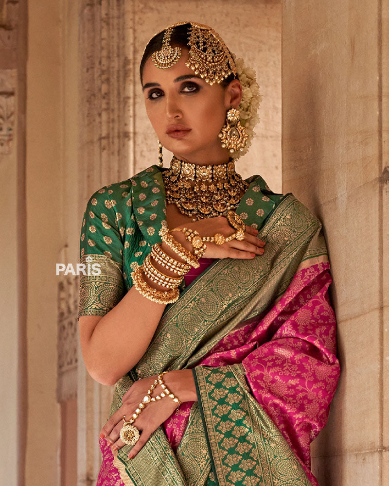 Pink and Green Gold-Toned Ethnic Motifs Zari Silk Saree