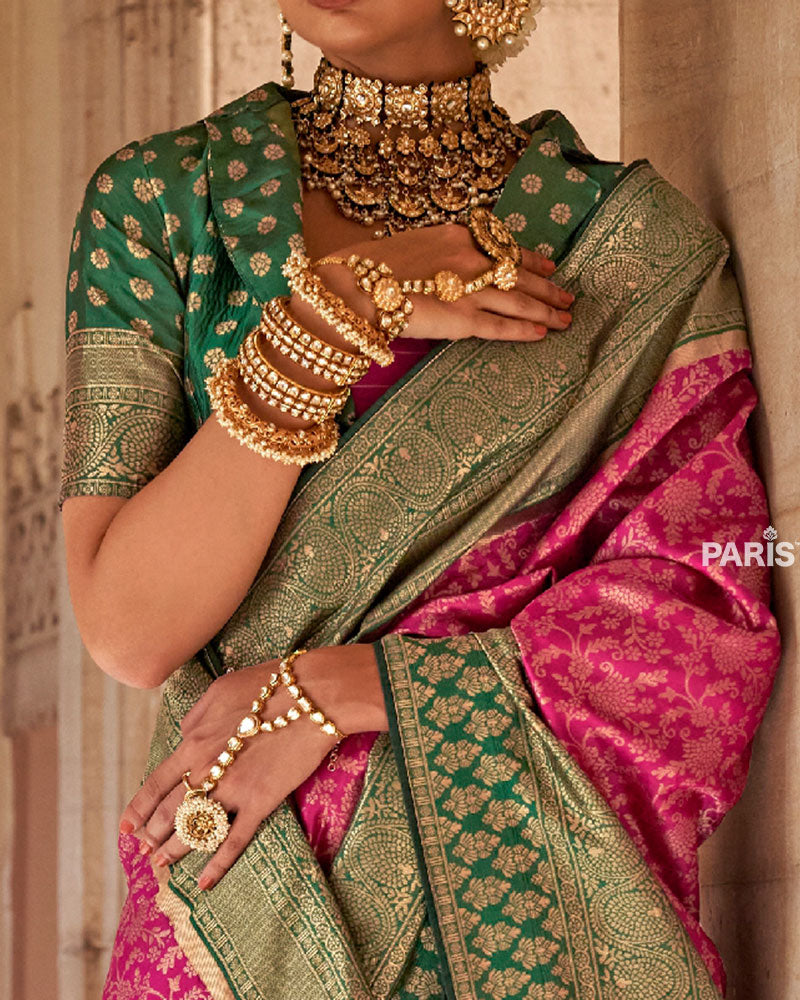 Pink and Green Gold-Toned Ethnic Motifs Zari Silk Saree