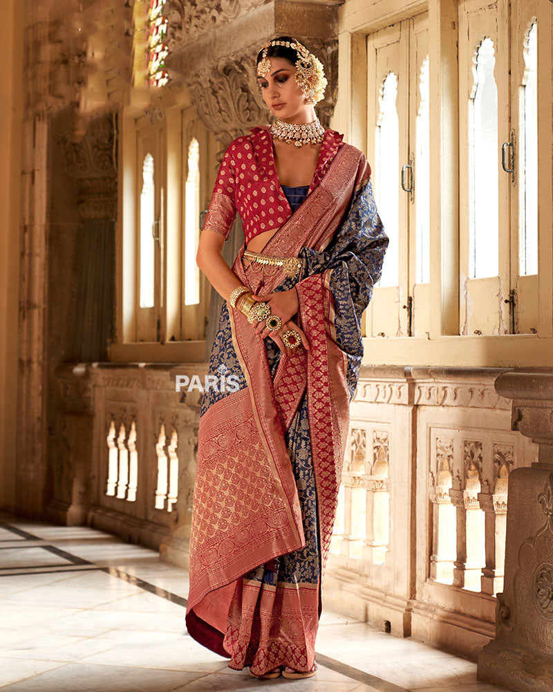 Navy Blue and Maroon Gold-Toned Ethnic Motifs Zari Silk Saree