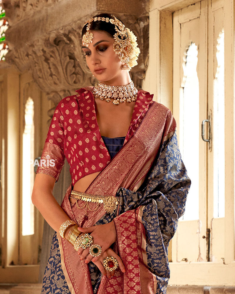 Navy Blue and Maroon Gold-Toned Ethnic Motifs Zari Silk Saree