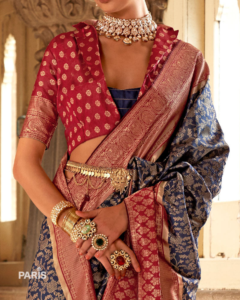 Navy Blue and Maroon Gold-Toned Ethnic Motifs Zari Silk Saree