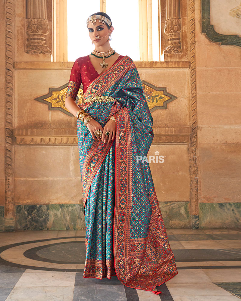 Teal Blue Banarasi Jacquard Silk Saree with Maroon Border