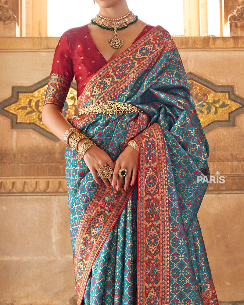 Teal Blue Banarasi Jacquard Silk Saree with Maroon Border