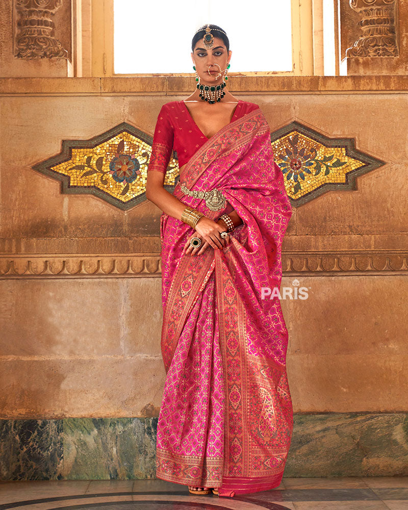Pink Banarasi Jacquard Silk Saree with Golden Border