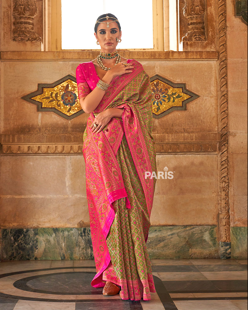 Green Banarasi Jacquard Silk Saree with Pink Border