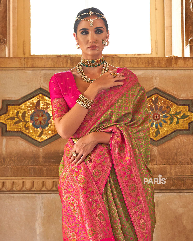 Green Banarasi Jacquard Silk Saree with Pink Border