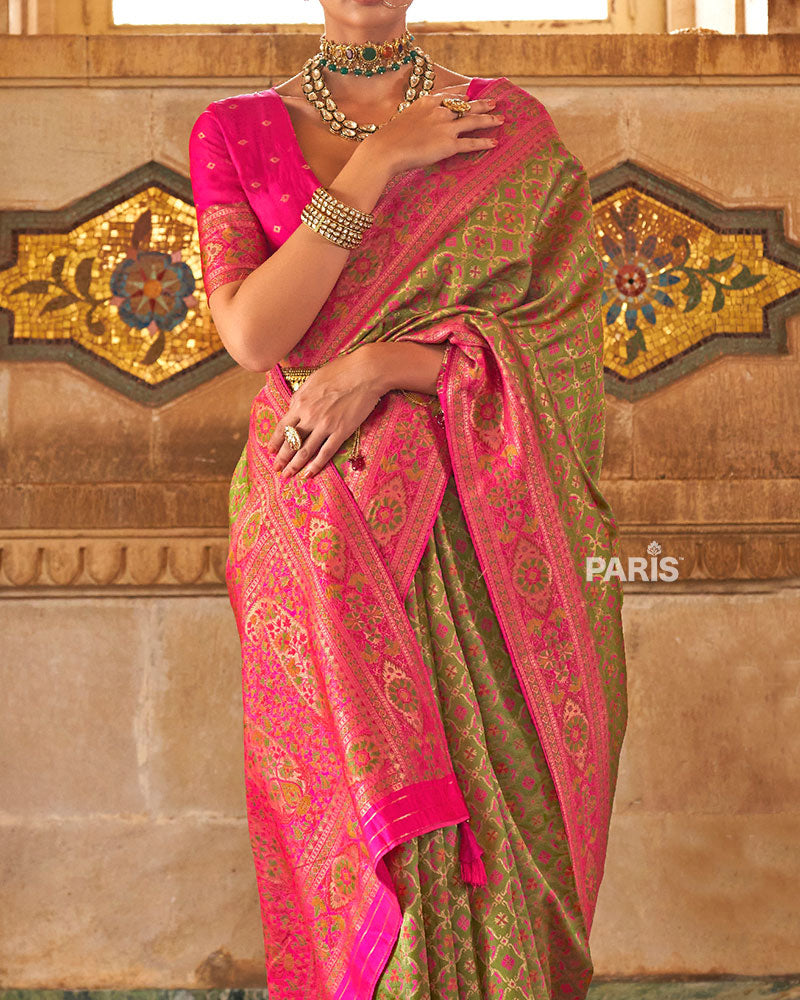 Green Banarasi Jacquard Silk Saree with Pink Border