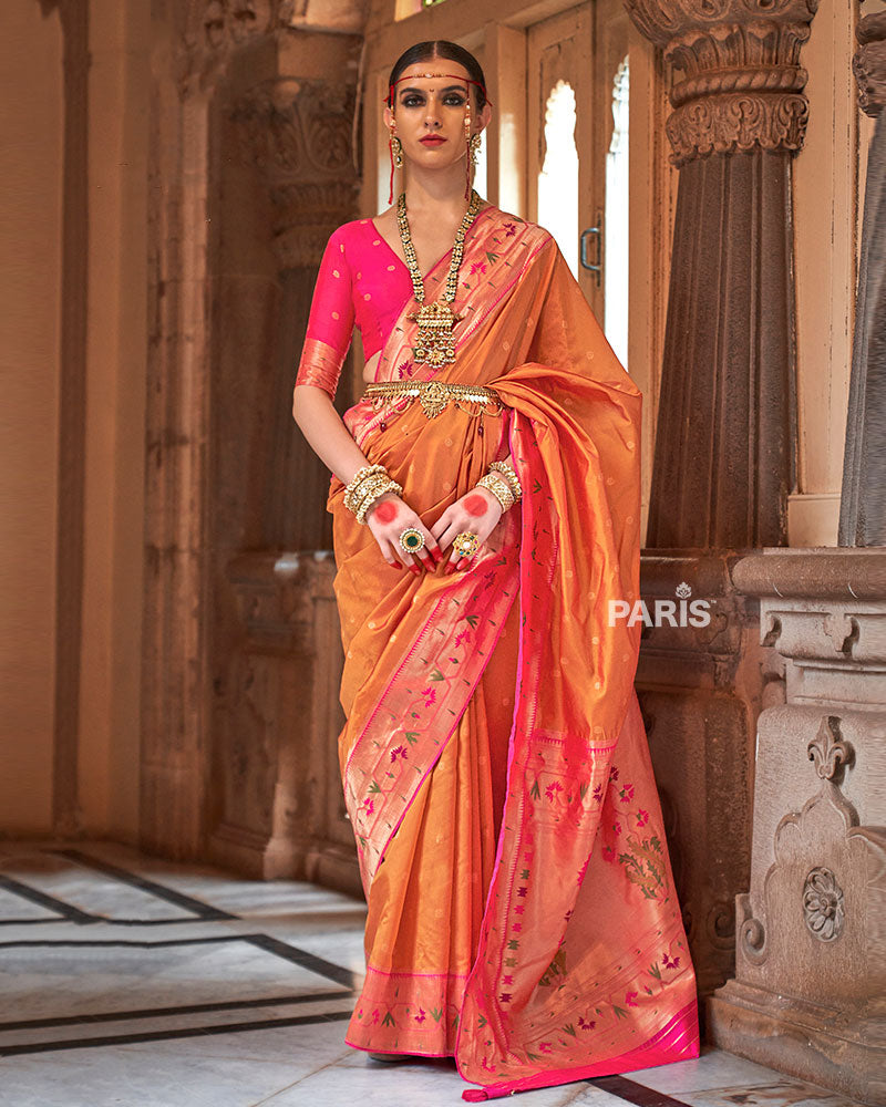 Orange Paithani Silk Saree with Pink Zari Border