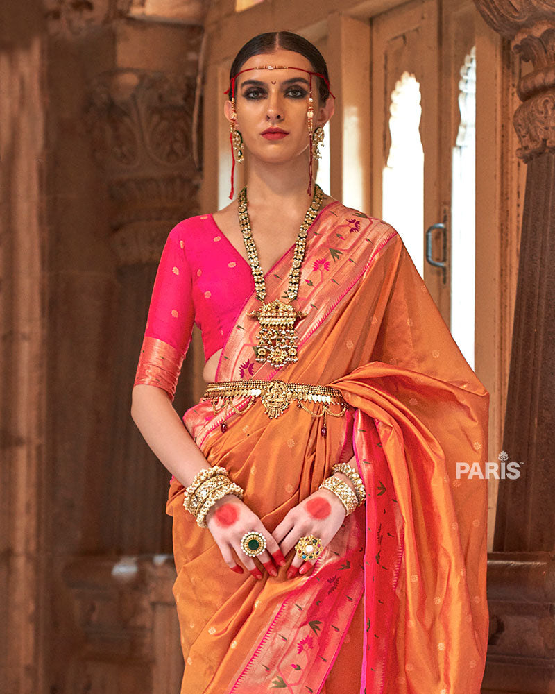 Orange Paithani Silk Saree with Pink Zari Border