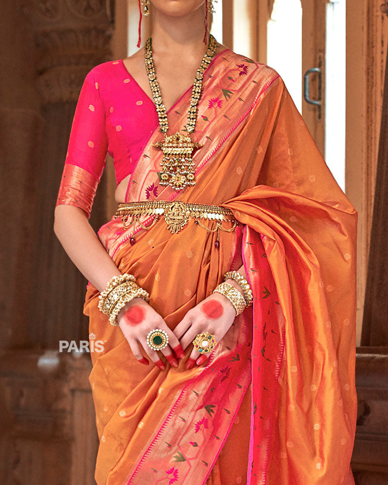 Orange Paithani Silk Saree with Pink Zari Border